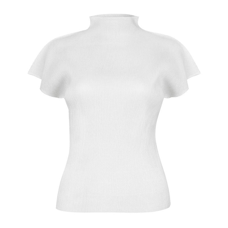 Luxury Solid Color High Neck Short Sleeve Seamless Slim Fit Pleated Top
