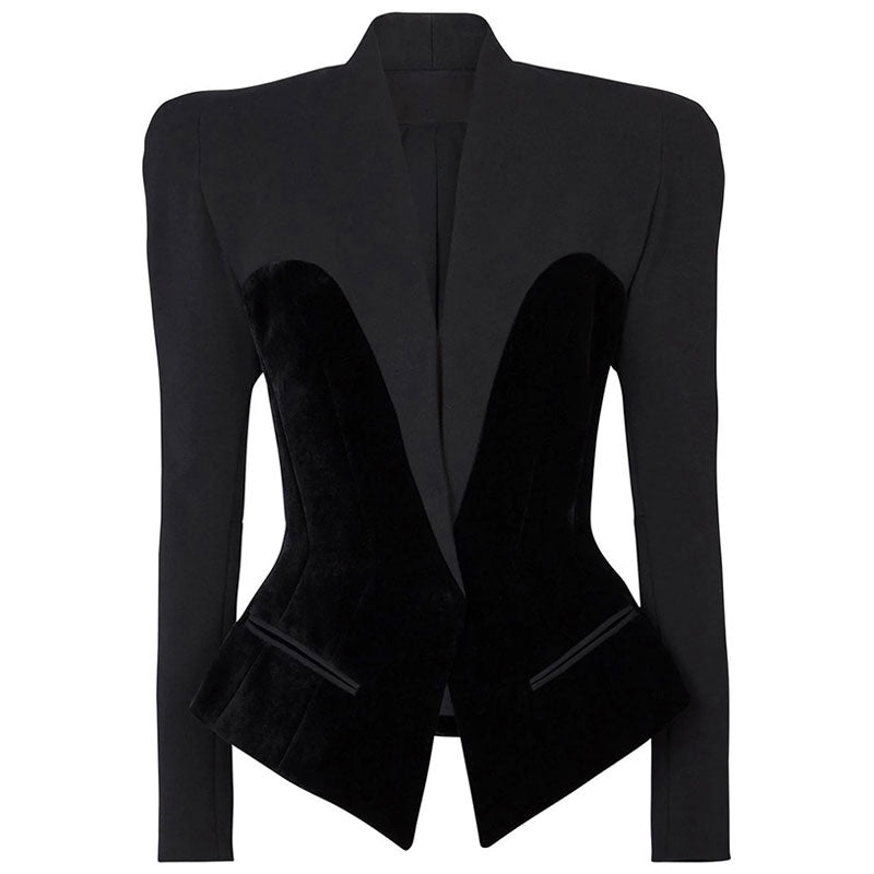 Luxury Stand Collar Shoulder Pad Puff Sleeve Velvet Panel Tailored Jacket