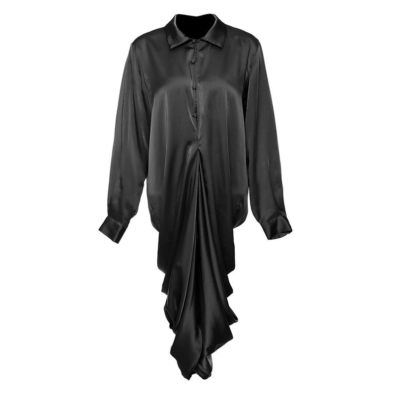 Magnificent Collar Half Button Long Sleeve Ruched Draped Midi Cocktail Dress