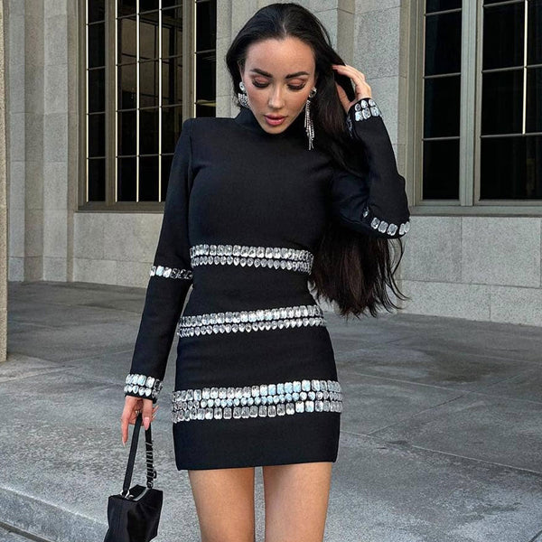 Magnificent High Neck Long Sleeve Rhinestone Embellished Bodycon Mini Party Dress
