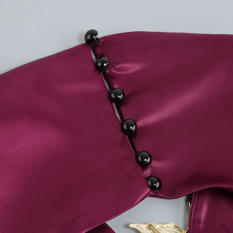 Metal Bird Detail Plunge Neck Long Sleeve Cutout Back Draped Split Maxi Evening Dress