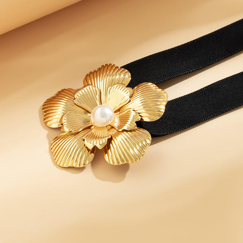 Metallic Blossom Textured Rosette Crystal Pearl Velvet Choker Necklace