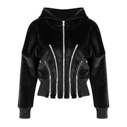 Metallic Multiple Zip Detail Long Sleeve Banded Crop Velvet Hoodie