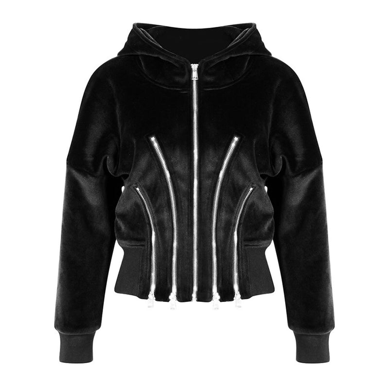 Metallic Multiple Zip Detail Long Sleeve Banded Crop Velvet Hoodie