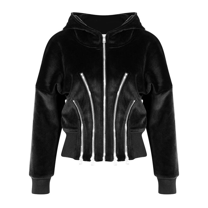 Metallic Multiple Zip Detail Long Sleeve Banded Crop Velvet Hoodie