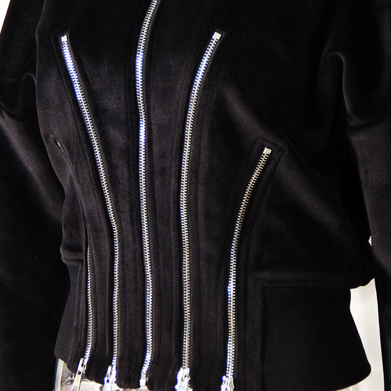 Metallic Multiple Zip Detail Long Sleeve Banded Crop Velvet Hoodie