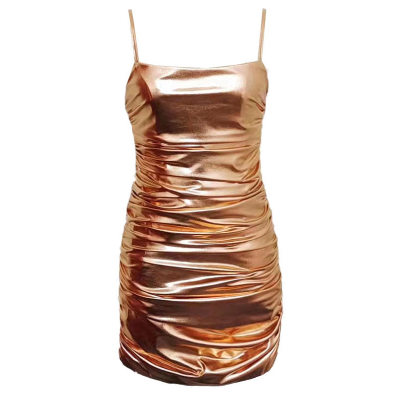 Metallic Spaghetti Strap Ruched Bodycon Club Mini Dress - Gold