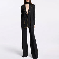 Metallic Studded Flared Leg Pants One Button Scarf Blazer Matching Set