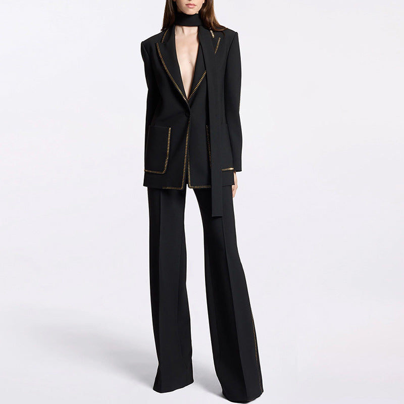 Metallic Studded Flared Leg Pants One Button Scarf Blazer Matching Set