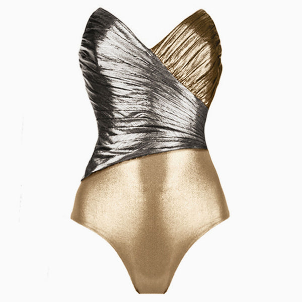 Metallic Two Tone Cheeky Ruched Sweetheart Bandeau One Piece Swimsuit