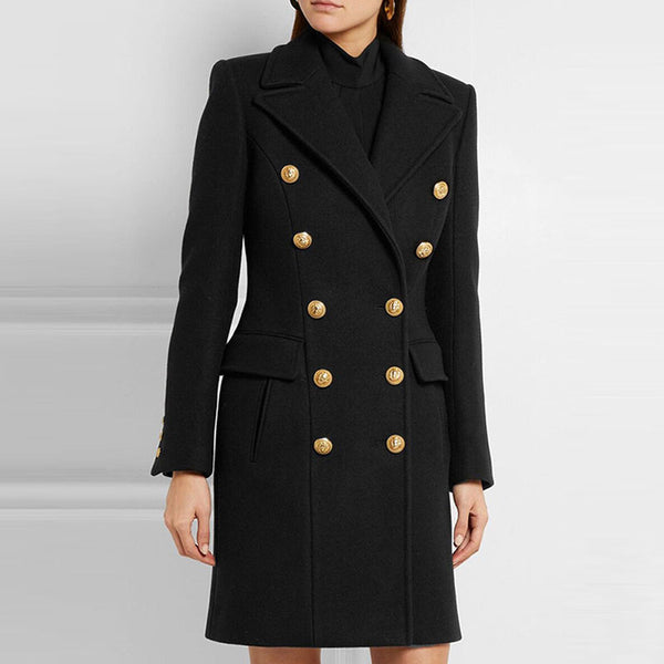 Military Notched Lapel Pocketed Double Breasted Long Sleeve Tailored Wool Blend Coat