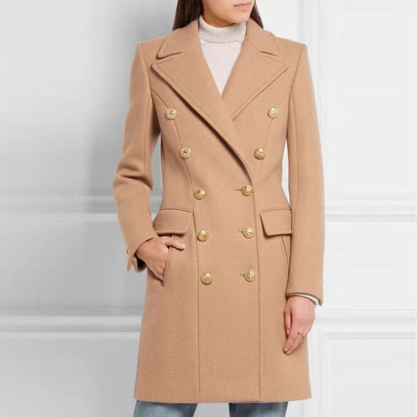Military Notched Lapel Pocketed Double Breasted Long Sleeve Tailored Wool Blend Coat