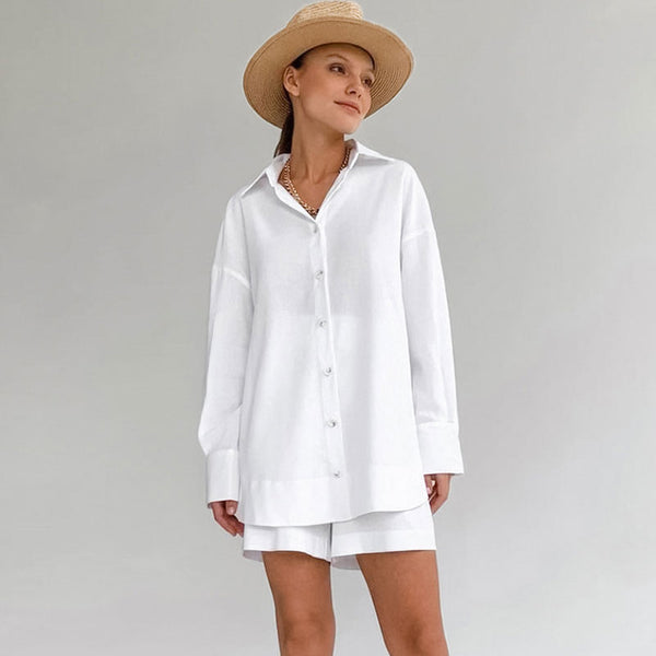 Minimalist Collar Long Sleeve Button Front Wide Leg Shorts Cotton Lounge Set