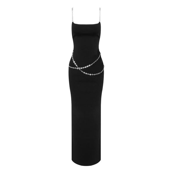 Minimalist Layered Metal Chain Sleeveless Side Split Bandage Maxi Slip Dress