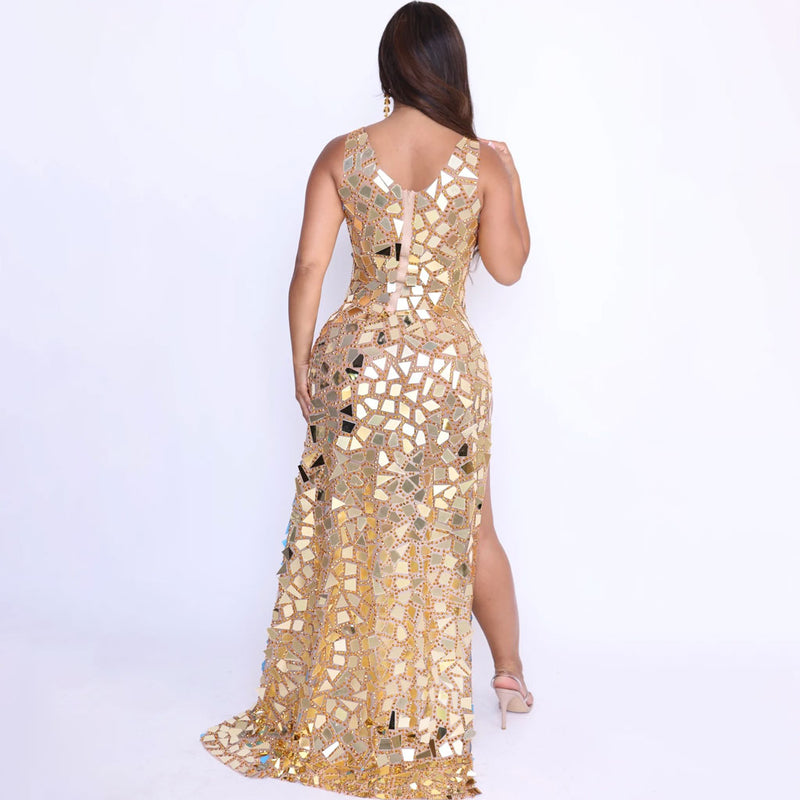 Mirror Effect Sequin Crystal Embellished Sleeveless High Split Sheer Mesh Maxi Club Dress