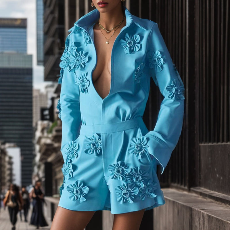 Modern 3D Flower Applique Collared Deep V Neck Long Sleeve Blazer Romper