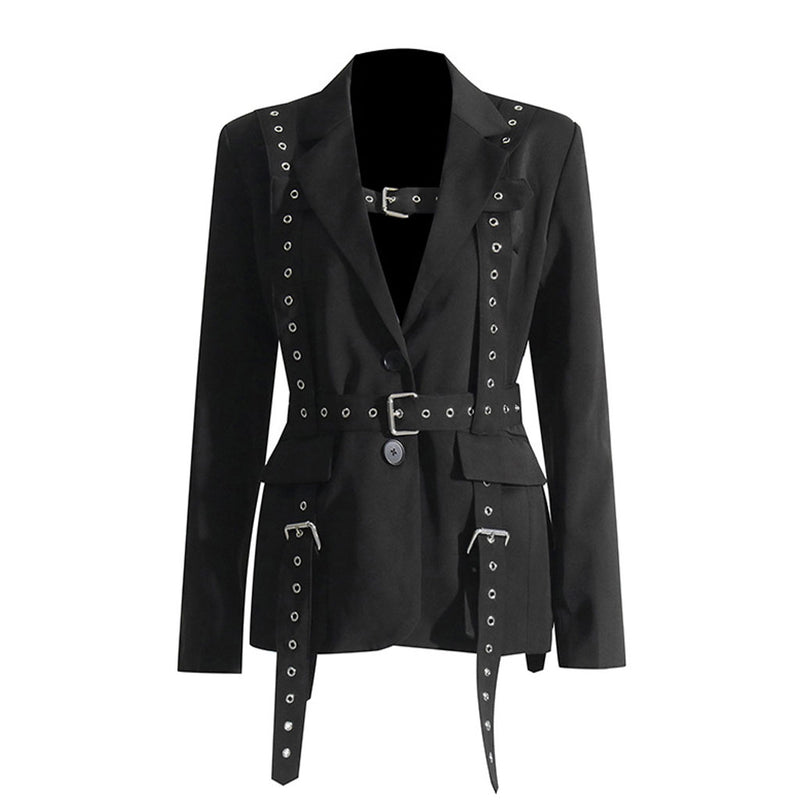 Modern Grommet Eyelet Strappy Buckle Belt Lapel Single Breasted Blazer