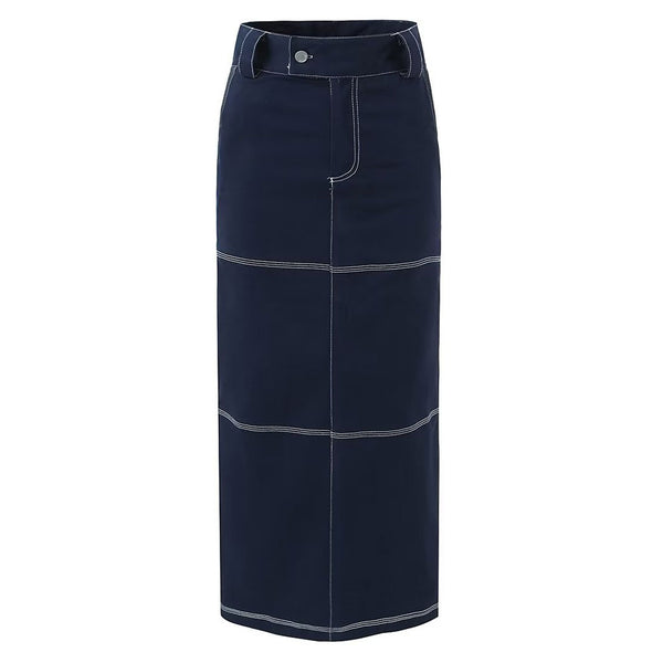 Modern High Waist Contrast Stitch Cotton Blend Back Split Maxi Straight Skirt