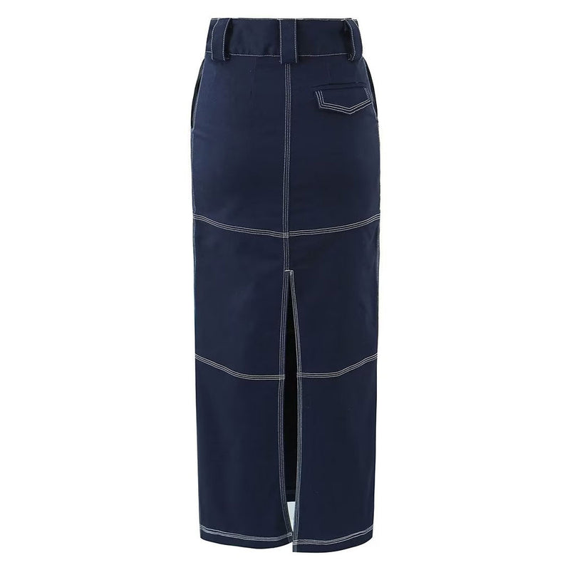 Modern High Waist Contrast Stitch Cotton Blend Back Split Maxi Straight Skirt
