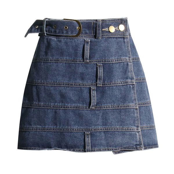 Modern Patchwork Buckle Belted High Waist A Line Mini Denim Skirt