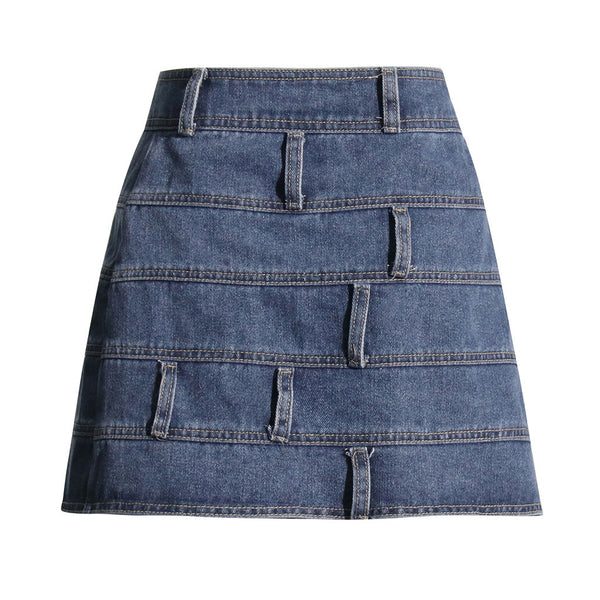Modern Patchwork Buckle Belted High Waist A Line Mini Denim Skirt