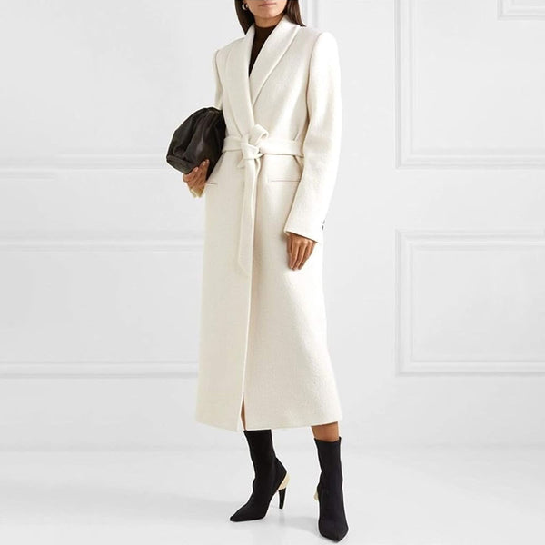 Monochrome Shawl Collar Long Sleeve Single Breasted Belted Wool Blend Coat