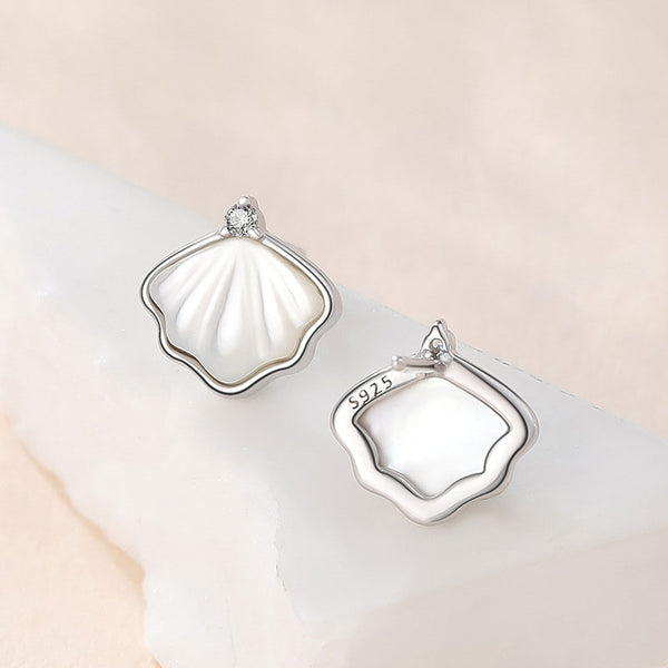 Mother of Pearl Rhodium Plated Cubic Zirconia Ginkgo Leaf Stud Earrings