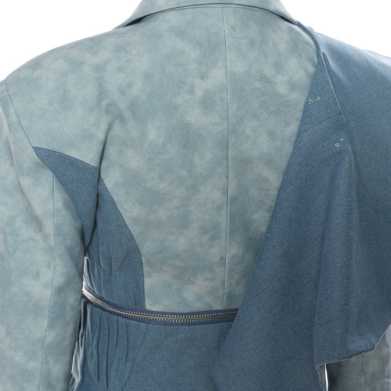 Multi Way Detachable Shawl Notch Lapel Zip Up Leather Hybrid Denim Blazer