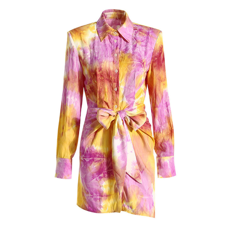 Multicolor Tie Dye Print Collared Long Sleeve Tie Front Button Up Mini Shirt Dress