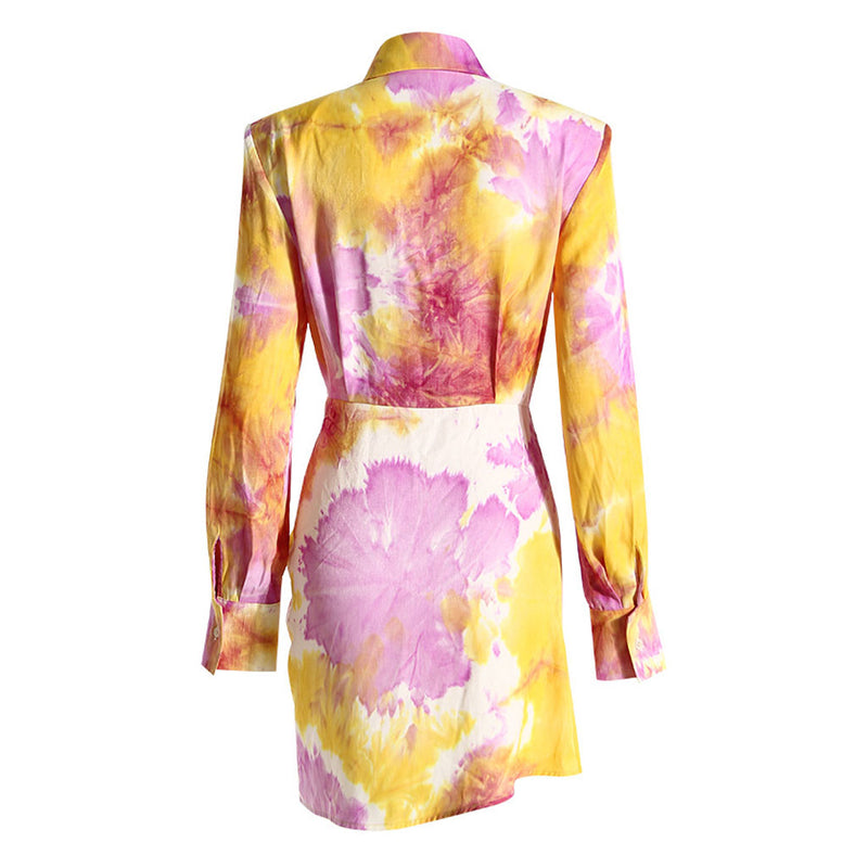 Multicolor Tie Dye Print Collared Long Sleeve Tie Front Button Up Mini Shirt Dress
