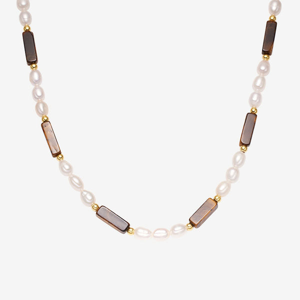 Natural Freshwater Pearl Beaded Baguette Cut Tiger Eye Choker Necklace
