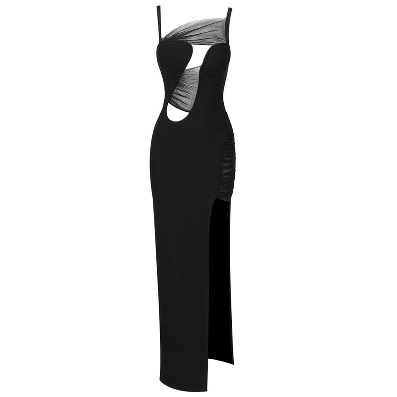 Nostalgic Cutout Ruched Sheer Mesh High Split Asymmetrical Bandage Maxi Dress