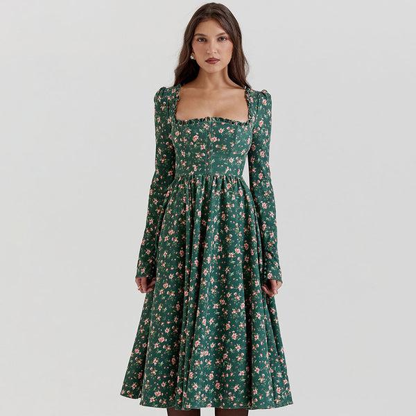 Nostalgic Frilled Square Neck High Waist Long Sleeve Floral Printed Midi Cocktail Dress