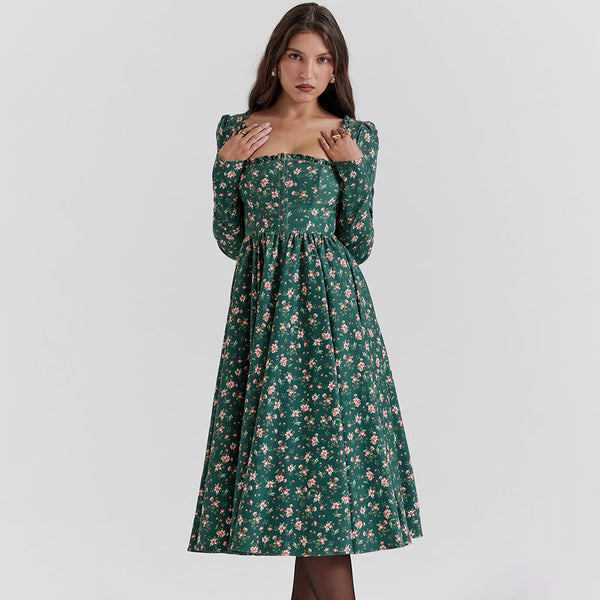 Nostalgic Frilled Square Neck High Waist Long Sleeve Floral Printed Midi Cocktail Dress