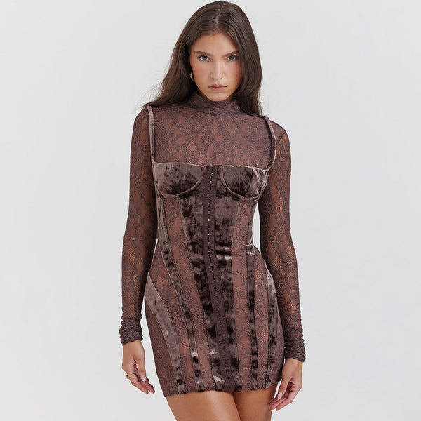 Nostalgic High Neck Long Sleeve Velvet Panel Sheer Lace Corset Mini Dress