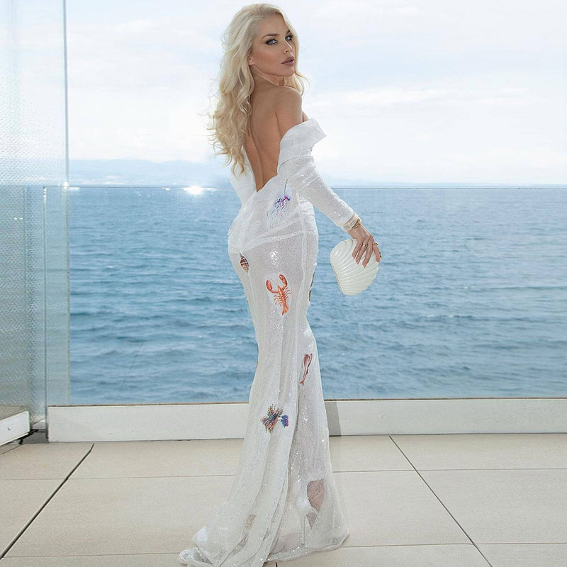 Ocean Motif Sheer Sequin Backless Long Sleeve Maxi Evening Dress