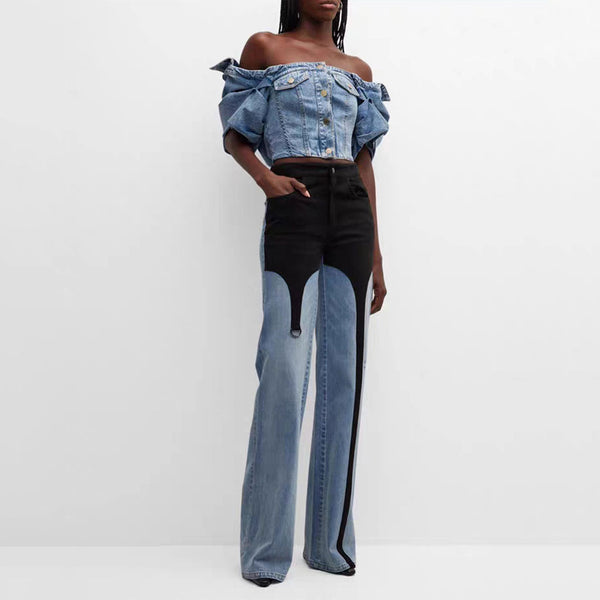 Offbeat Contrast Distressed Mid Waist Wide Leg Garter Hybrid Denim Jeans