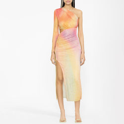 Ombre Rainbow Rhinestone Cutout Split Ruched One Shoulder Mesh Midi Cocktail Dress