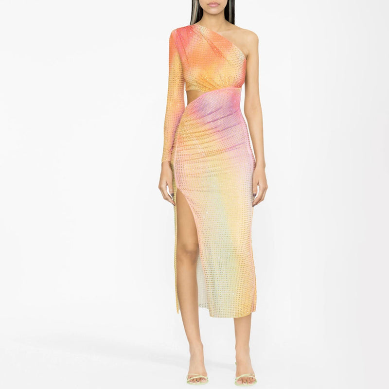Ombre Rainbow Rhinestone Cutout Split Ruched One Shoulder Mesh Midi Cocktail Dress