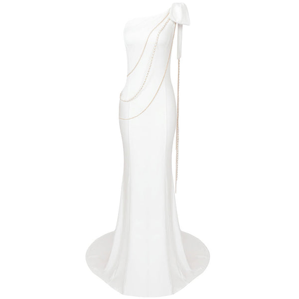 Opulent Big Bow One Shoulder Metallic Chain Fishtail Maxi Evening Dress