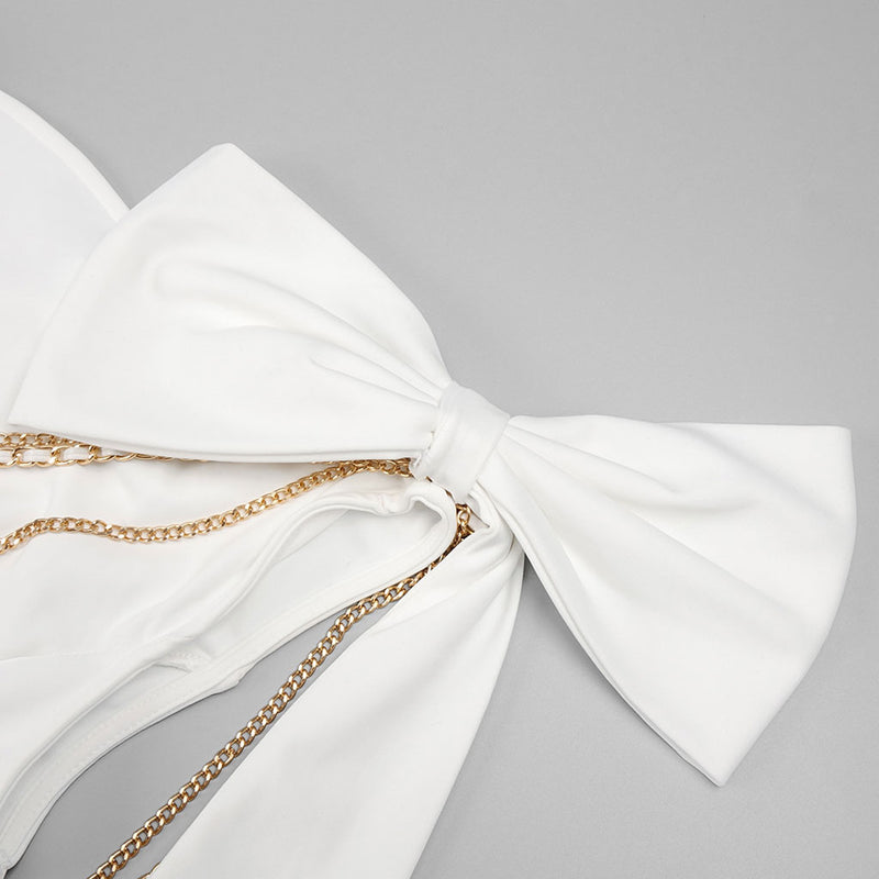 Opulent Big Bow One Shoulder Metallic Chain Fishtail Maxi Evening Dress