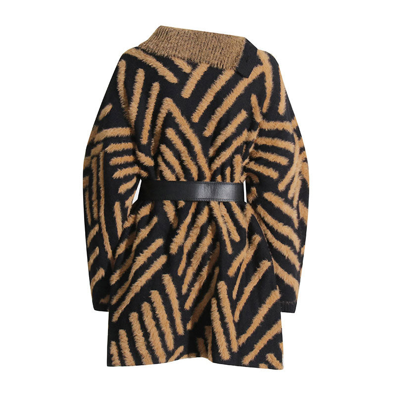 Opulent Button Trim High Neck Contrast Fluffy Stripe Long Sleeve Pullover Sweater