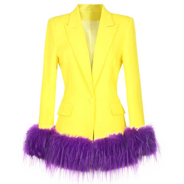 Opulent Contrast Faux Fur Long Sleeve Peak Lapel Single Breasted Tailored Blazer