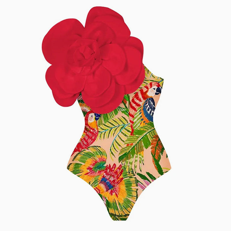 Opulent Contrast Rosette Applique One Shoulder Moderate One Piece Swimsuit