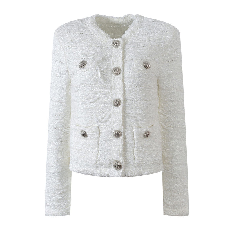 Opulent Crew Neck Button Up Padded Long Sleeve Textured Wool Knit Cardigan