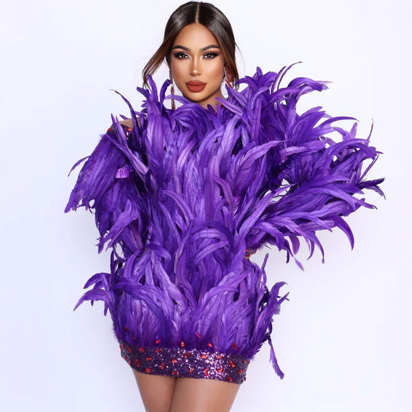 Opulent Crystal and Sequin Long Sleeve Bodycon Layered Feather Mini Dress