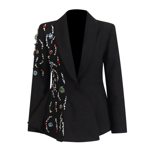 Opulent Crystal Beaded Embellished Shawl Collar One Button Peplum Blazer