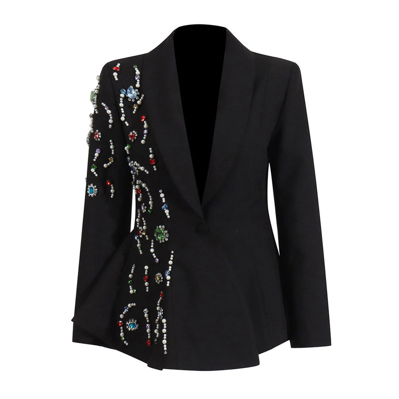 Opulent Crystal Beaded Embellished Shawl Collar One Button Peplum Blazer