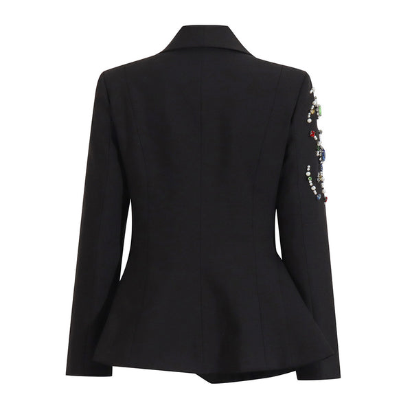 Opulent Crystal Beaded Embellished Shawl Collar One Button Peplum Blazer