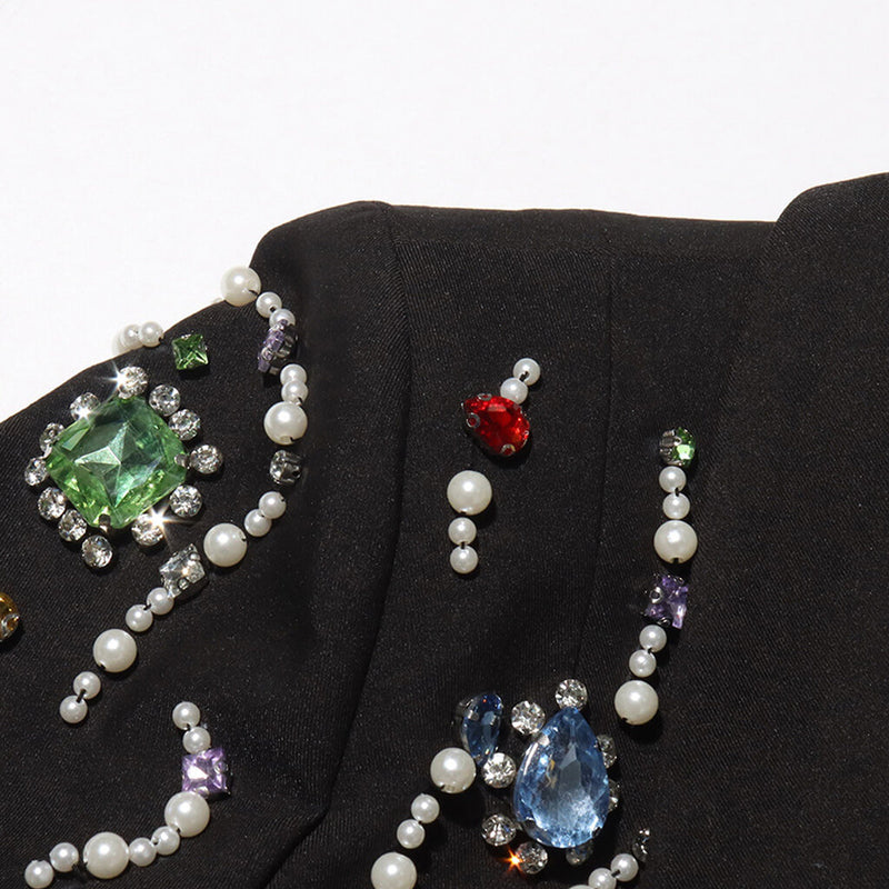 Opulent Crystal Beaded Embellished Shawl Collar One Button Peplum Blazer